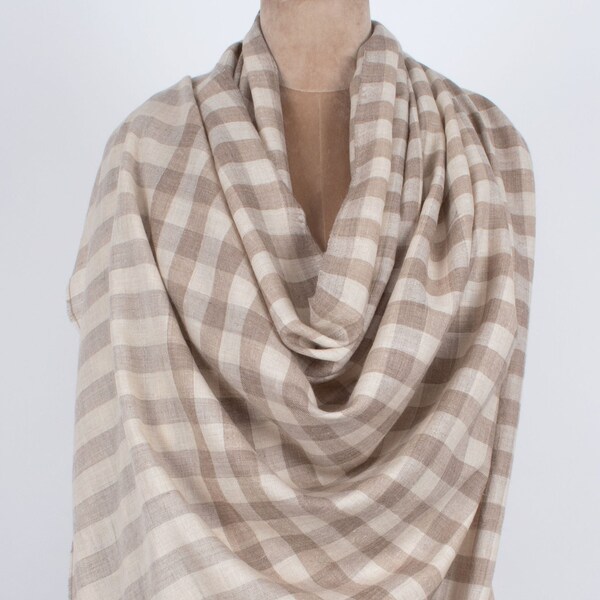 Check Shawls, Beige & White Cashmere Scarves, Handmade Pashminas, Simple Wraps, Elegant Shawls, Soft Fabric, 40x80" - MIANWALI