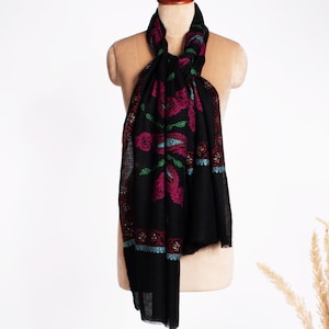 Black Cashmere Scarf | Super Soft Handwoven Pashmina | Needlework Embroidery Shawl | Goat Wool Wrap | Kashmiri Scarf | Gift for Her/Him