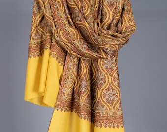 Yellow Kashmir Pashmina Scarves, Festival Pashminas, Intricate Embroidery Shawls, Wedding Shawls, Authentic Pashminas, 40x80" - QUIMPER