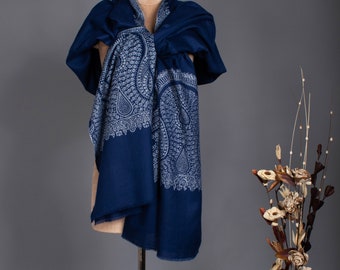Blue XL Cashmere Shawl, Big Palladar Sozni Embroidery Pashmina, Oversized Shawl, Travel Wrap, 54x108" - SAIDPUR