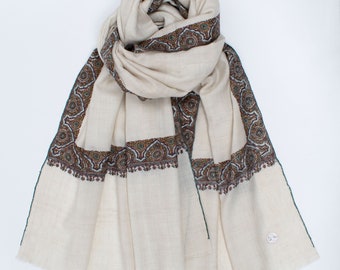 GI Pashmina Shawls, Charkha Pashmina, Vintage Scarves, Kashmir Arts & Crafts, Handspun Pashmina, Ivory Cashmere, 40x80" - MACON