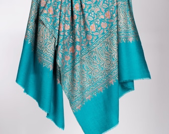 Turquoise Embroideries, Shahkaar Shawl, Cashmere Shawl, Boho Shawls, Kashmir Pashmina, Wedding Scarves, 40x80" - EREWASH