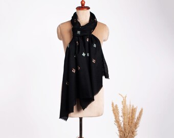 Black Scarves, Super Soft Pashminas, Needlework Embroideries, Kashmiri Shawls, Spring Wraps, Goat Scarf, 28x80" - CALDWELL