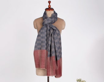 Featherlight Kashmiri Pashmina Shawl – Dark Blue & Red Check | Pure Handwoven Cashmere Wrap | Soft Lightweight Wool Scarf | Gift for Her
