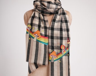 Modern Palldar Mushrooms Cashmere Scarf, Super Soft Pashmina Shawl, Summer Gifting, Hand Hook Work, Check Stripes Scarves, 28x80&quot; - RIVERTON