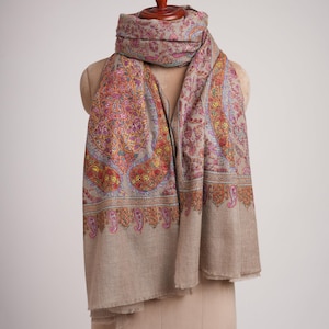 Taupe Artistic Kashmiri Pashmina Jamavar Shawl – Handwoven Cashmere Wrap – Indian Wool Shawl – Elegant Luxury Scarf – Handmade Gift