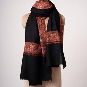 Black Fine Wool Shawl | Hand Embroidered Daur Dar Pashmina Style Wrap | Elegant Winter Scarf | Kashmiri Wool Stole | Gift for Her/Him