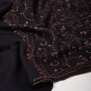 Black Silk Wool Shawl with Hand Embroidery