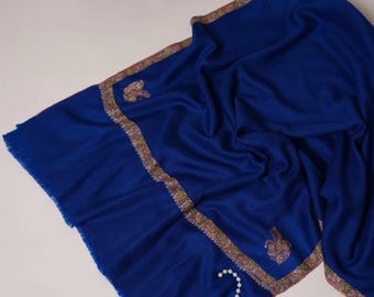 Royal Blue Pashmina Scarf with Classic Hashia Hand Embroidery