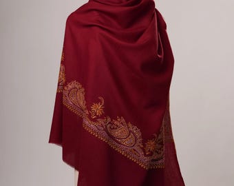 Maroon Daurdar Hand Embroidered Fine Wool Shawl