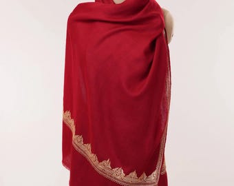 Rich Crimson Red Baby Soft Pashmina Scarf with Gold Tilla Embroidery
