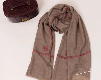 Rare Natural Dark Taupe Bail Embroidered Pashmina Scarf