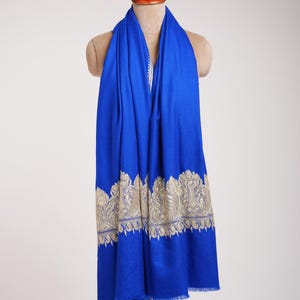 Blue Pashmina Shawl with Water Gold Tilla Embroidery | Handmade Cashmere Wrap | Luxury Winter Scarf | Ethical Artisan Shawl