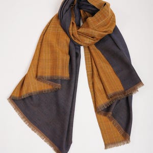 Mustard Navy Dorukha Kashmiri Pashmina Shawl | Handwoven Reversible Pure Cashmere Wrap | Luxury Soft Scarf | Stylish Gift for Her