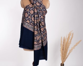 Navy Blue Kashmiri Shawl, Handwoven Pure Pashmina Shawl, Elegant Wrap, Exquisite Scarf, Blue Pashmina, Special Gifts, 40x80" - SWANSEA