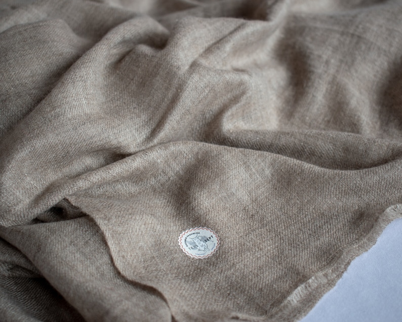 May include: A soft, light brown pashmina shawl with a small, round tag attached. The tag has the word "CRAFT" printed on it.