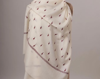 White Papier Machie Booti Hand Embroidered Fine Wool Shawl