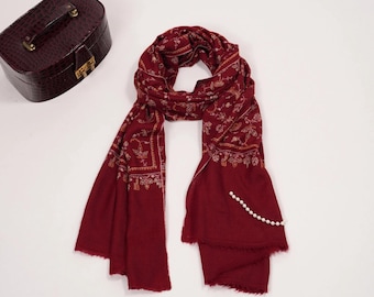 Kashmiri Burgundy Pashmina Scarf with Jali Hand Embroidery