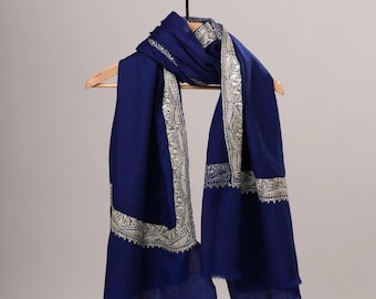 Navy Blue Fine Wool Water Gold Hand Embroidered Tilla Shawl