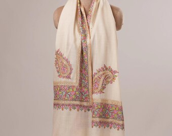 White Daurdar Hand Embroidered Pure Pashmina Shawl