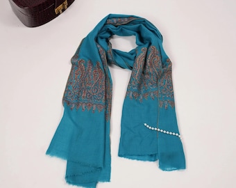 Blue Handwoven Pashmina Scarf with Palldar Sozni Embroidery