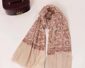 Natural Off White Hand Embroidered Pure Pashmina Shawl