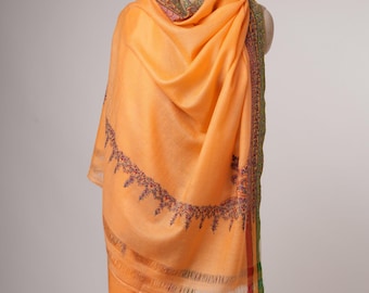 Chal de pashmina ligero como una pluma color naranja fresco / Chal de cachemir bordado a mano / Estola de lana suave y ligera / Bufanda elegante hecha a mano