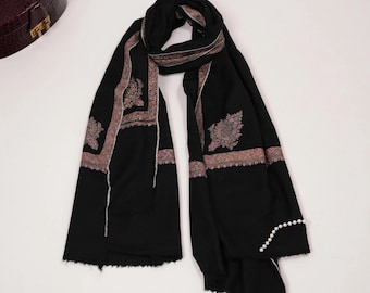 Black Handwoven Kashmiri Pashmina Shawl with Hashia Hand Embroidery