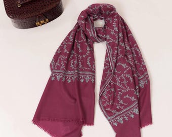 Tyrian Purple Pashmina Scarf with Hand Embroidered Jali