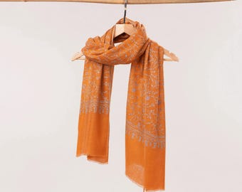 Orange Hand Embroidered Featherlight Pashmina Scarf
