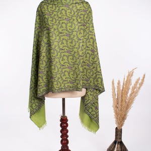 Artistic Green Pashmina Shawl | All Over Sozni Embroidery | Handwoven Pure Cashmere Wrap | Soft Lightweight Shawl | Handmade Gift