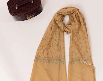 Tan Hand Embroidered Jali Baby Soft Pashmina Scarf