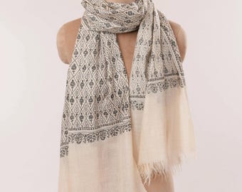 Natural Off White Hand Embroidered Pashmina Scarf with Black Embroidery