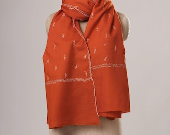 Rust Hand Embroidered Machie Buteh Fine Wool Shawl