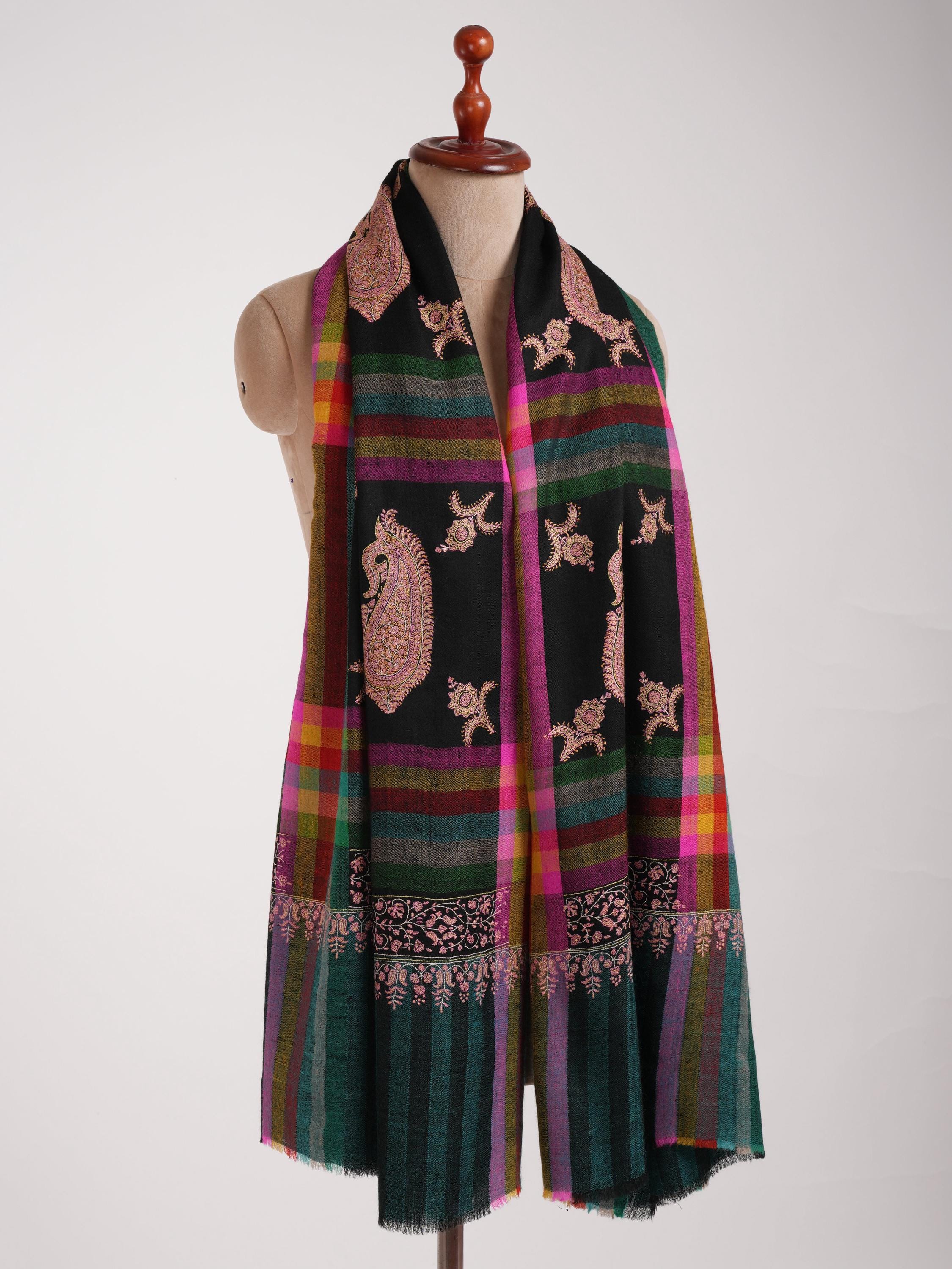 Fine Sozni Embroidered Shawl | Checkered Pure Pashmina Shawl | Handwoven Kashmiri Wrap | Artistic Paisley Stole