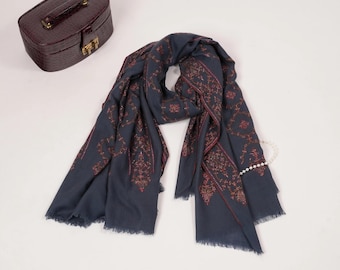 Dark Grey Handwoven Pashmina Shawl with Jali Embroidery