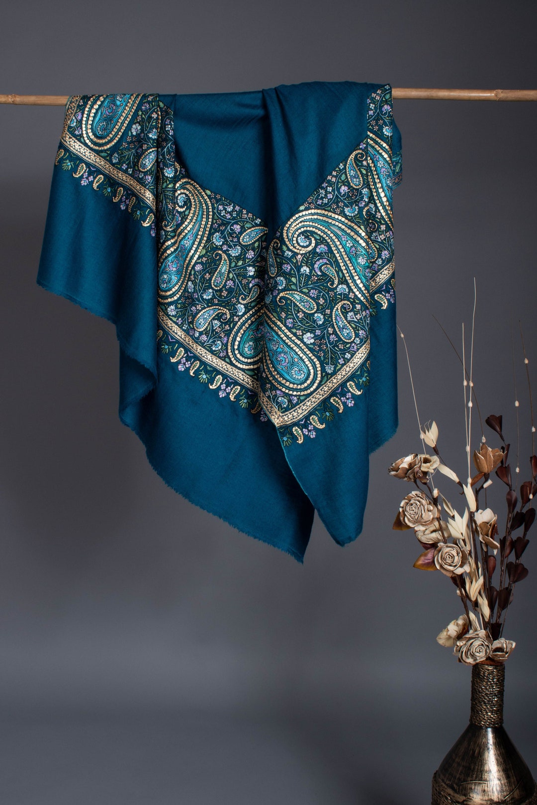 Teal Shawl With All Over Parallel Embroidery