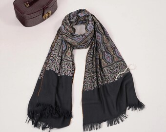 Black Fine Hook Embroidered Pashmina Shawl with Hand Embroidery