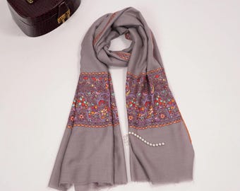Lavender Grey Kashmiri Baby Soft Pashmina Scarf with Palla Embroidery