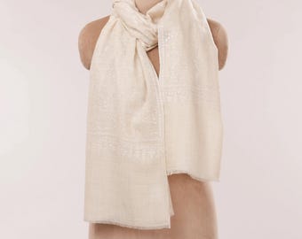 Natural Off White Handwoven Pashmina Scarf with White Hand Embroidery