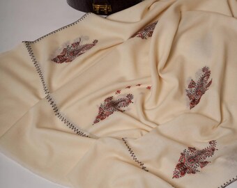 White Booti Hand Embroidered Fine Wool Soft Shawl