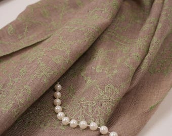 Natural Taupe Pashmina Scarf with Green Hand Embroidery