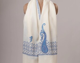White Fine Wool Hand Embroidered Palla Kashmiri Shawl