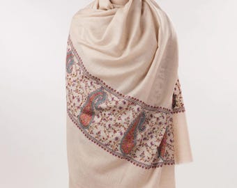 Natural White Pure Pashmina Shawl with Sozni Palldar Embroidery