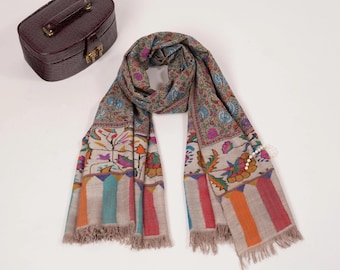 Dark Taupe Handloomed Pure Pashmina Shawl with Kani Ends Center Embroidery