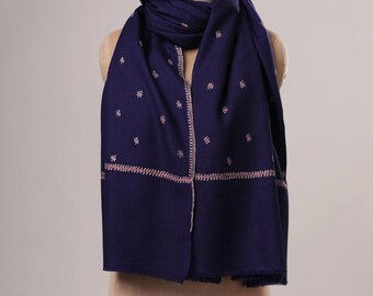 Navy Blue Fine Wool Shawl with Machie Buteh Hand Embroidery