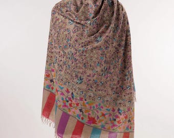 Natural Taupe Pure Pashmina Shawl with Kani Ends & Detailed Embroidery