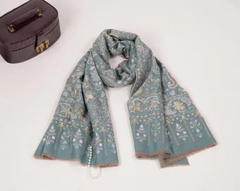 Dual Tone Baby Blue Natural Taupe Hand Embroidered Pashmina shawl