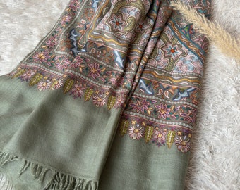 Pixie Green, Kalamkari Pashmina Shawls, Hookwork Cashmere Scarves, Artistic Pashminas, Indian Embroideries, Wedding Gifts, 40x80" - COLORADO