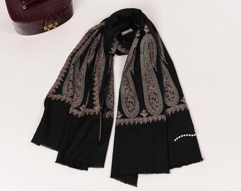 Paisley Palldar Handwoven Black Pashmina Shawl with Hand Embroidery